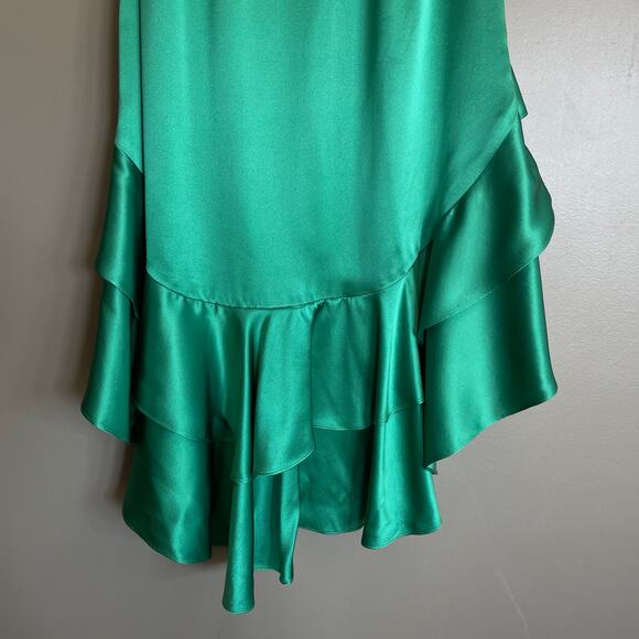 CINQ A SEPT Colina Satin One Shoulder Asymmetric Ruffle Dress Green Size 2 Chic - Picture 14 of 16